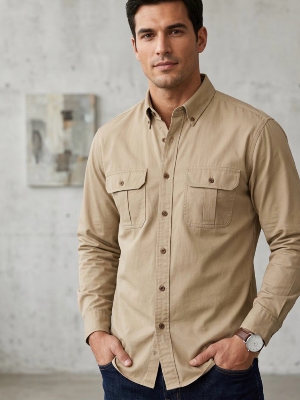 Roundtree & Yorke Outdoors Long Sleeve Shirt, button down, Khaki XLT Relaxed Fit